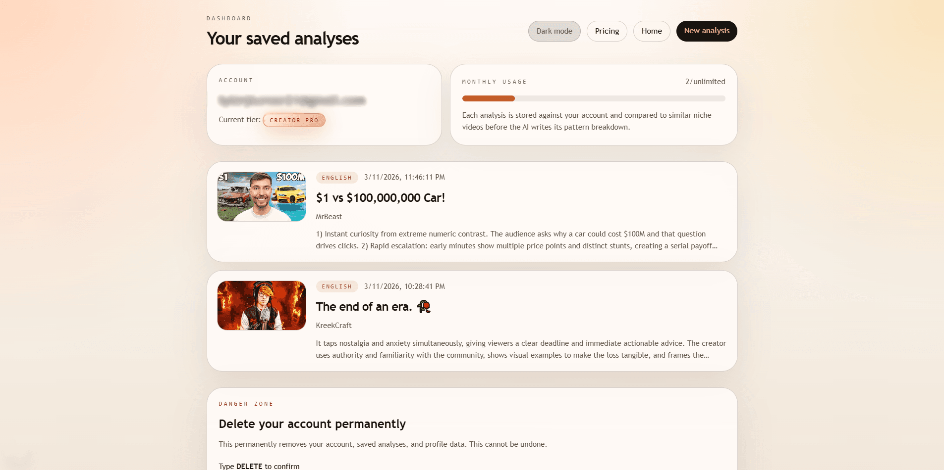 creator-engine dashboard with saved analyses and monthly usage